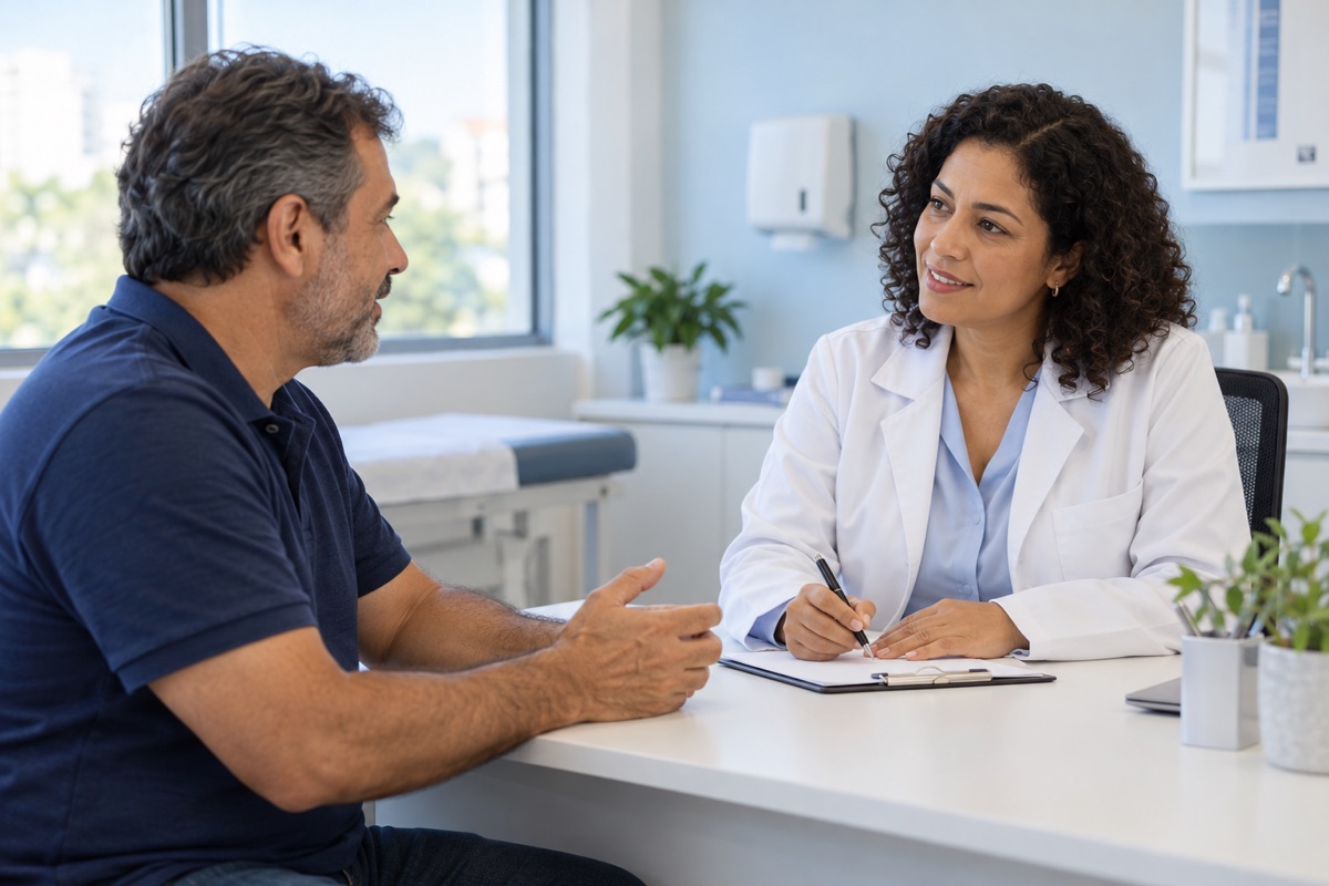 Cena ilustrativa de uma médica em consulta com um paciente adulto