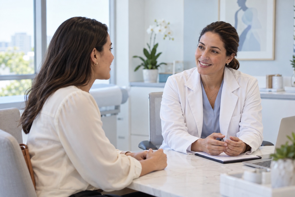 Cena ilustrativa de uma médica conversando com uma paciente adulta