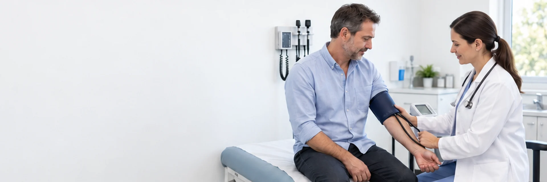 Avaliação da pressão arterial em uma consulta médica.
