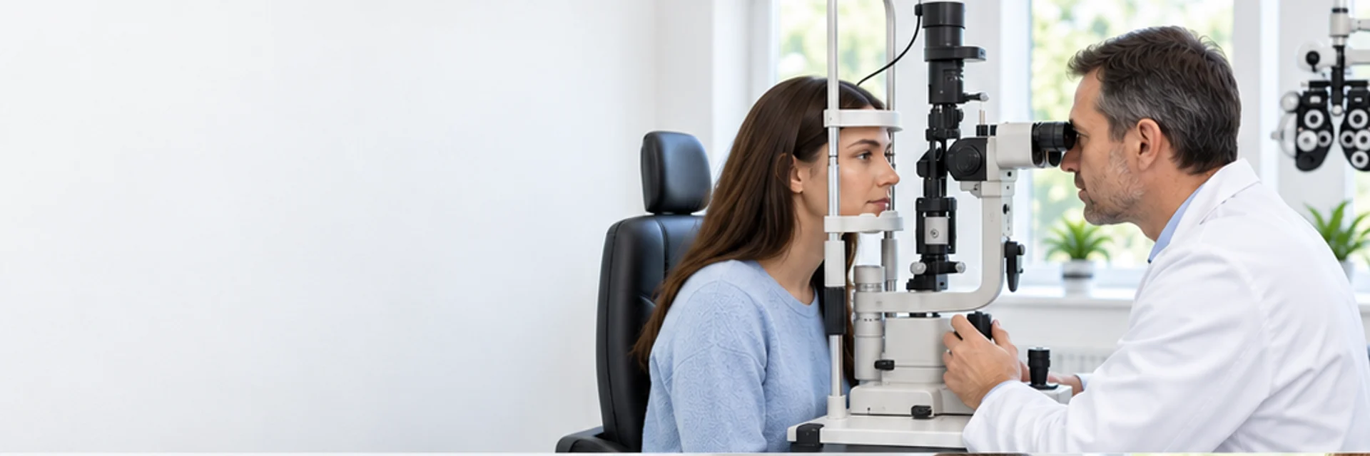 Avaliação dos olhos com equipamento oftalmológico.