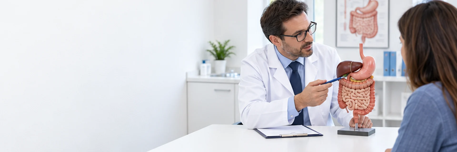Orientação sobre saúde digestiva em uma consulta.