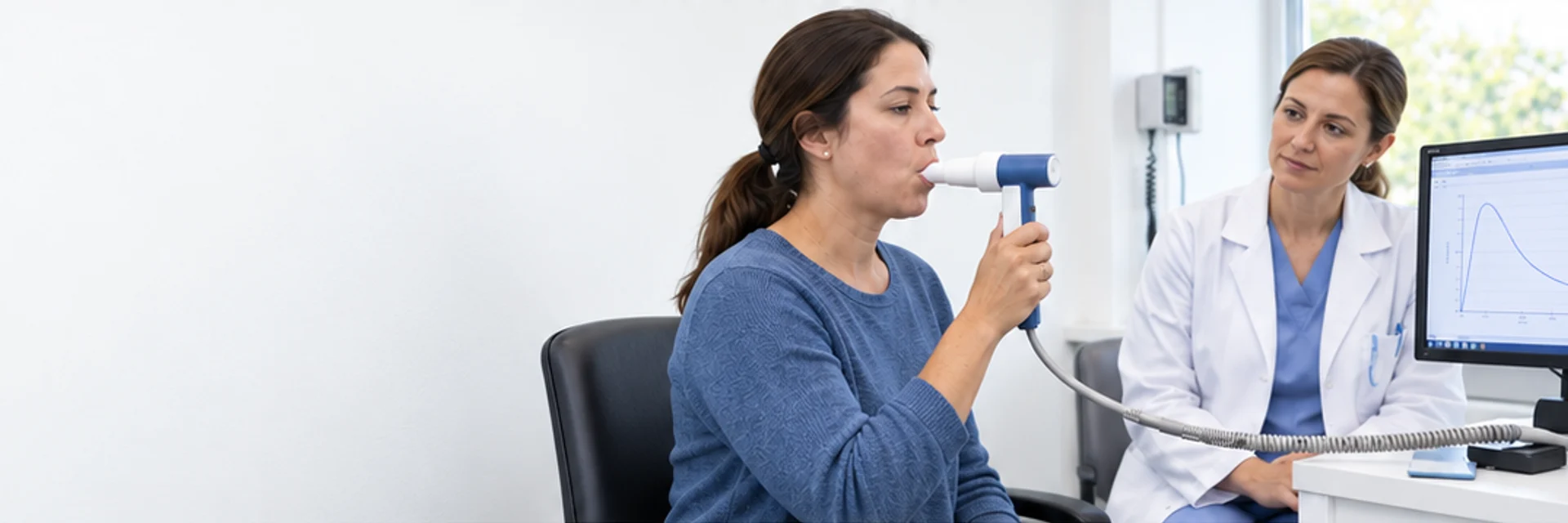 Avaliação da respiração com equipamento de espirometria.