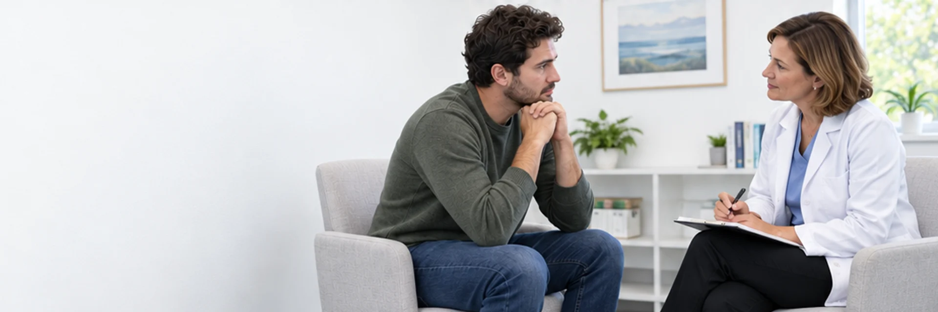 Conversa em um ambiente de atendimento reservado.