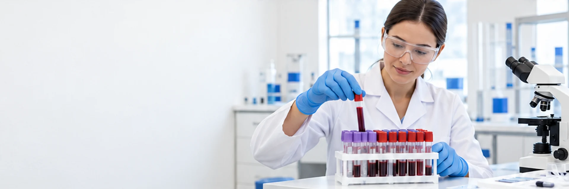 Profissional de laboratório organizando tubos de coleta.