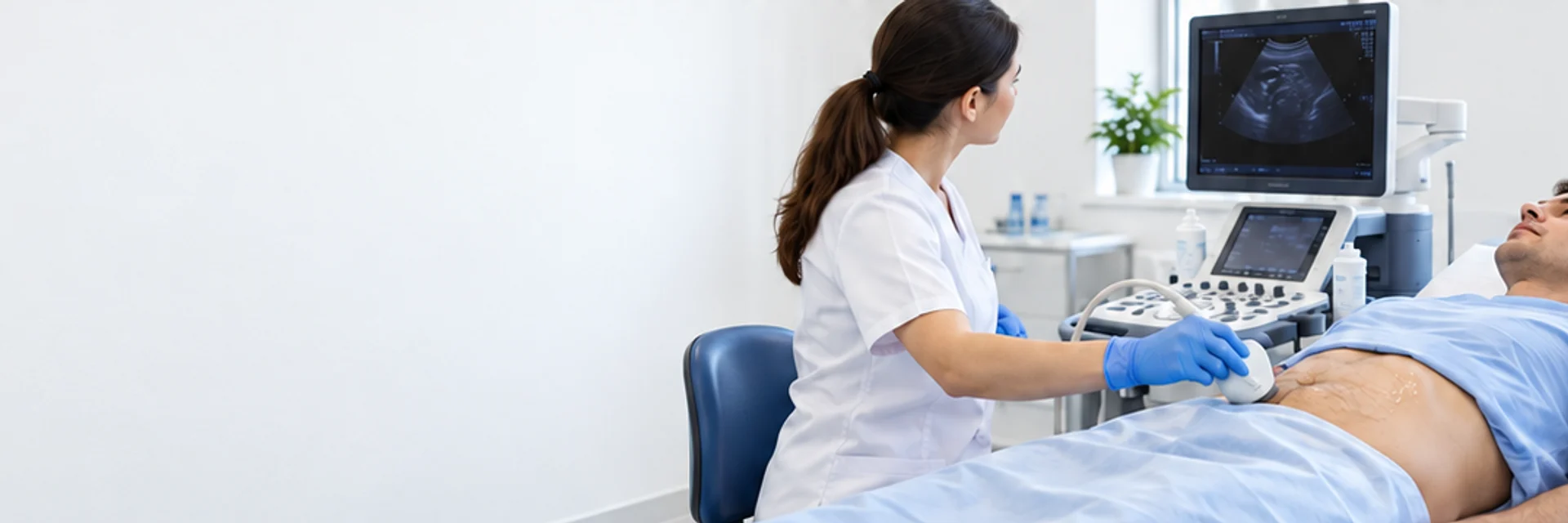 Avaliação do abdômen com aparelho de ultrassom.