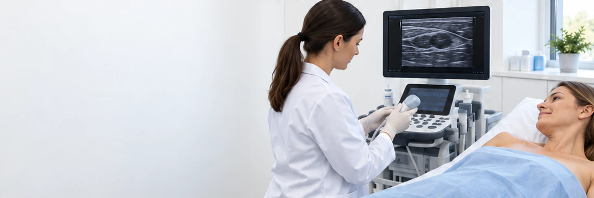 Preparação para um exame de ultrassom em ambiente clínico.